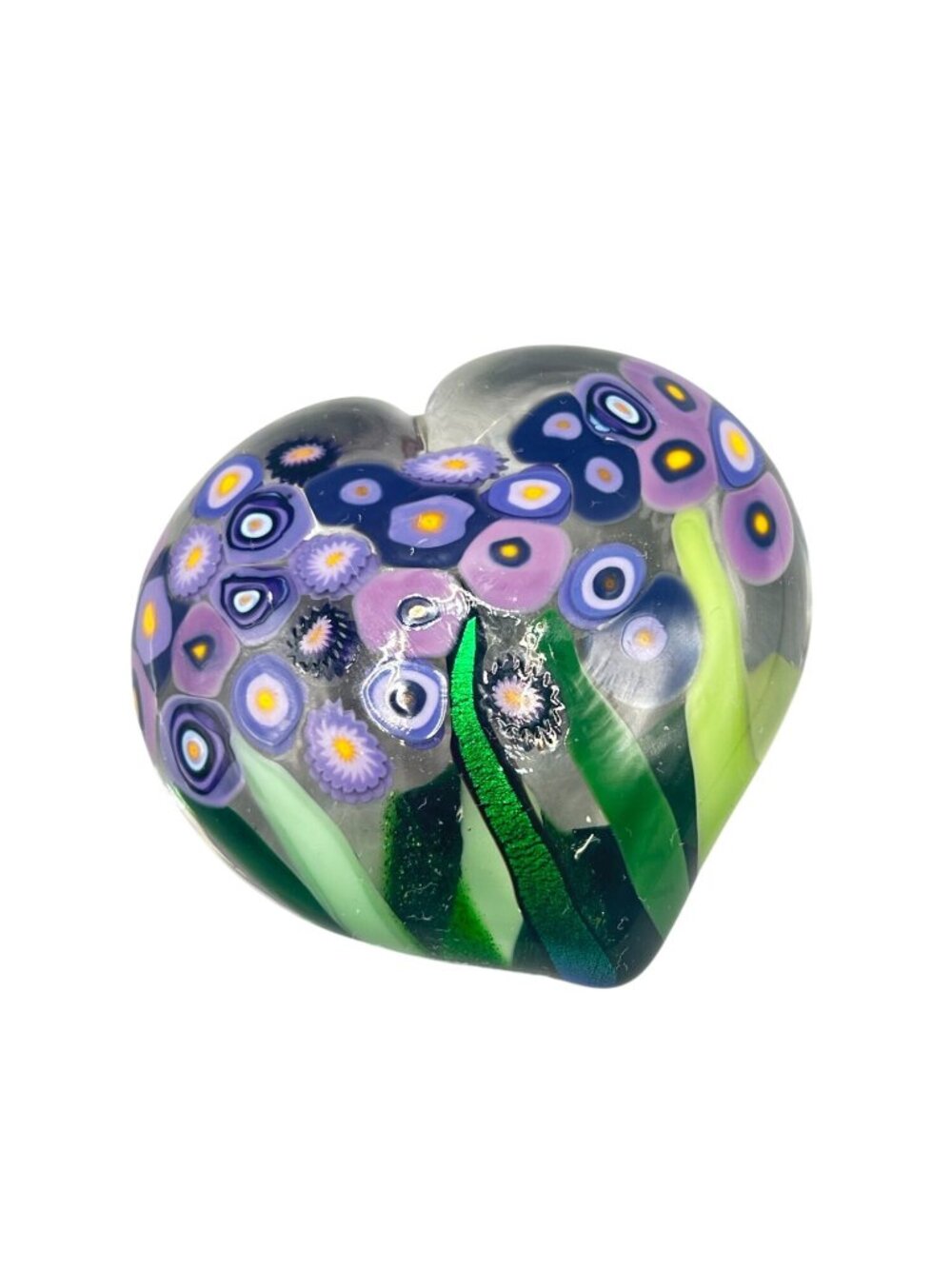 Mad Art Studios Floral Millefiori Heart Paperweight Purple Green Signed Art Glas